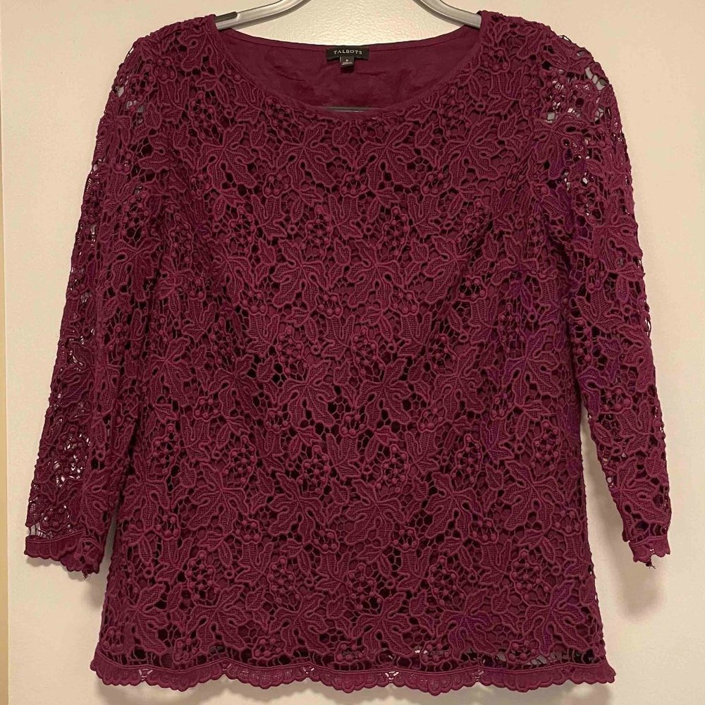 Talbots 3/4 Sleeve Lace Burgundy Blouse Size 6